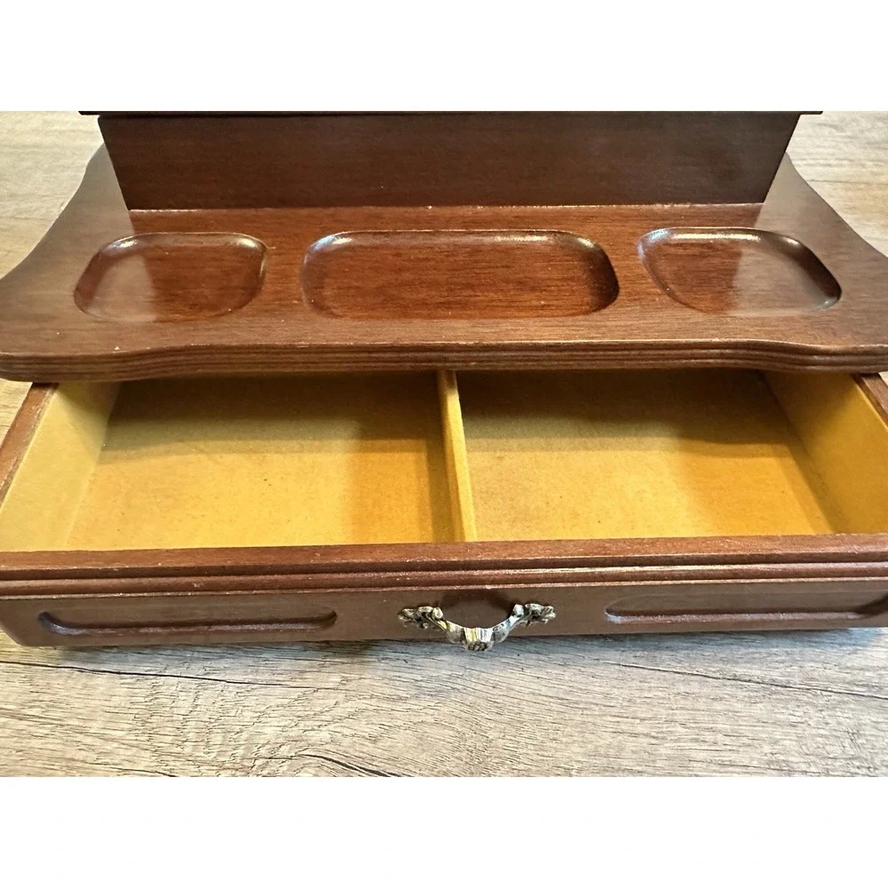 Vintage Wooden Valet Jewelry Box Ring Organizer W/ Drawer Tray London Leather